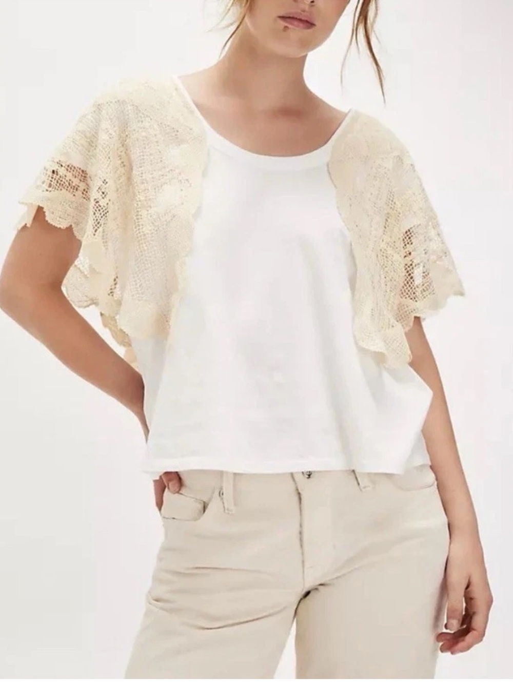 Free People Evangeline Crochet Ivory T-Shirt Top NWT Size Medium
